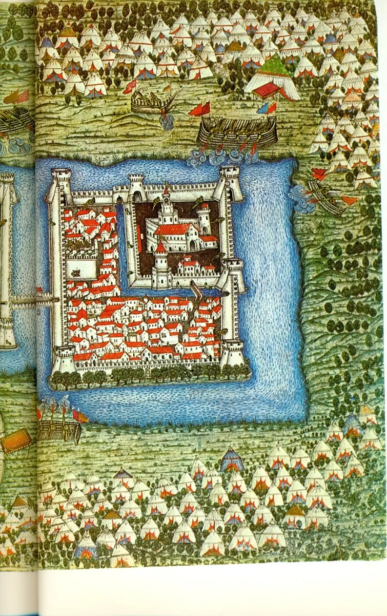 Kuşatma öncesi Sigetvar — Nüzhet-i Esrârü'l-Ahbâr der Sefer-i Sigetvar minyatürü (Wikimedia Commons)
