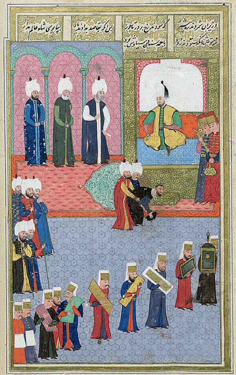III. Murad’ın Fransız elçisi Jacques de Germigny’yi kabulü — Şehinşahnâme I minyatürü (Wikimedia Commons)