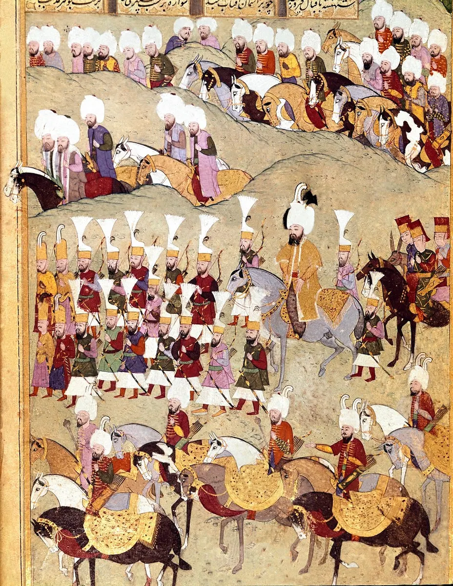 III. Murad’ın maiyetiyle İran elçisi Maksud’u kabulü — Şehinşahnâme II minyatürü (Wikimedia Commons)