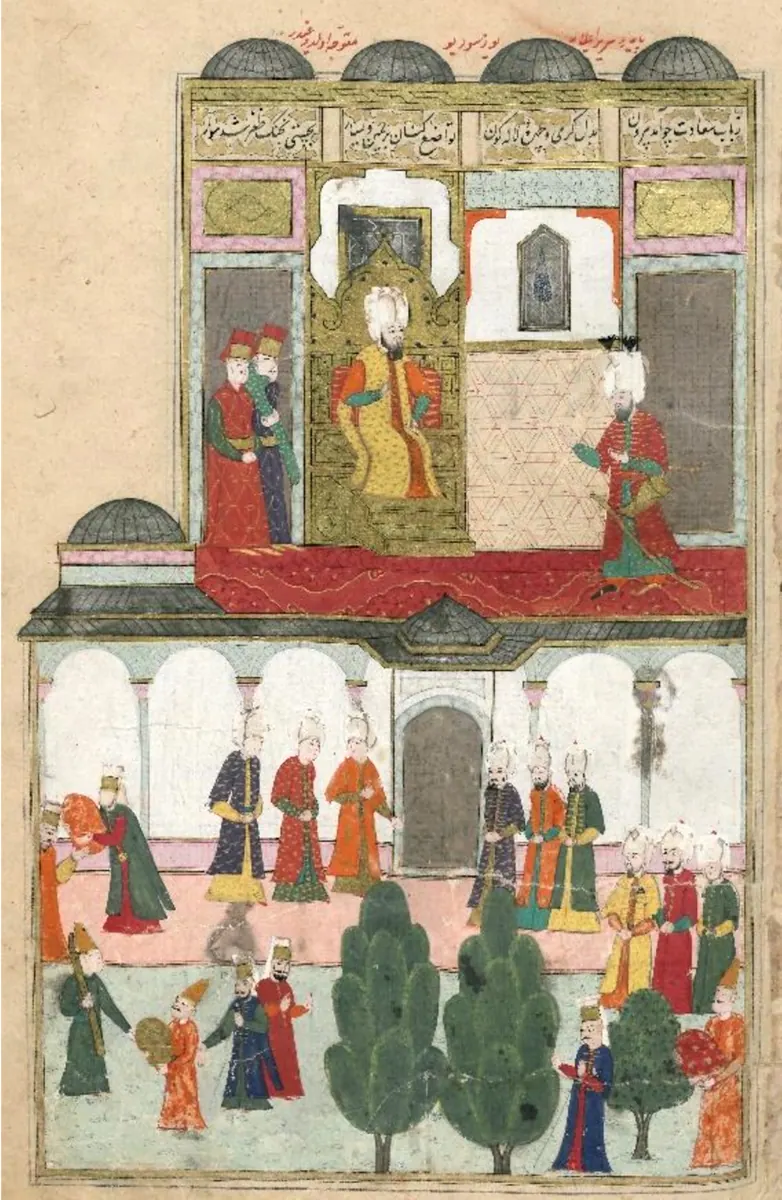 Ferhat Paşa’ya hilat verilmesi — Şehinşahnâme II minyatürü (Wikimedia Commons)