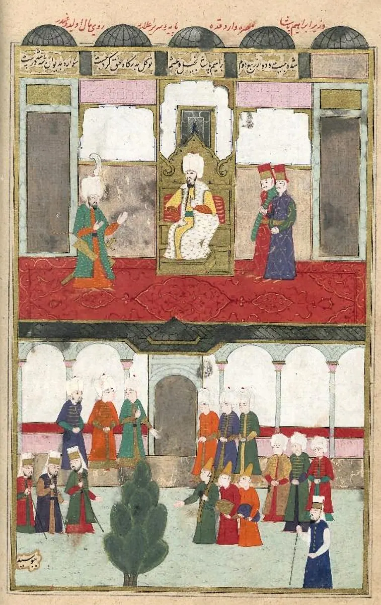İbrahim Paşa’ya hilat verilmesi — Şehinşahnâme II minyatürü (Wikimedia Commons)