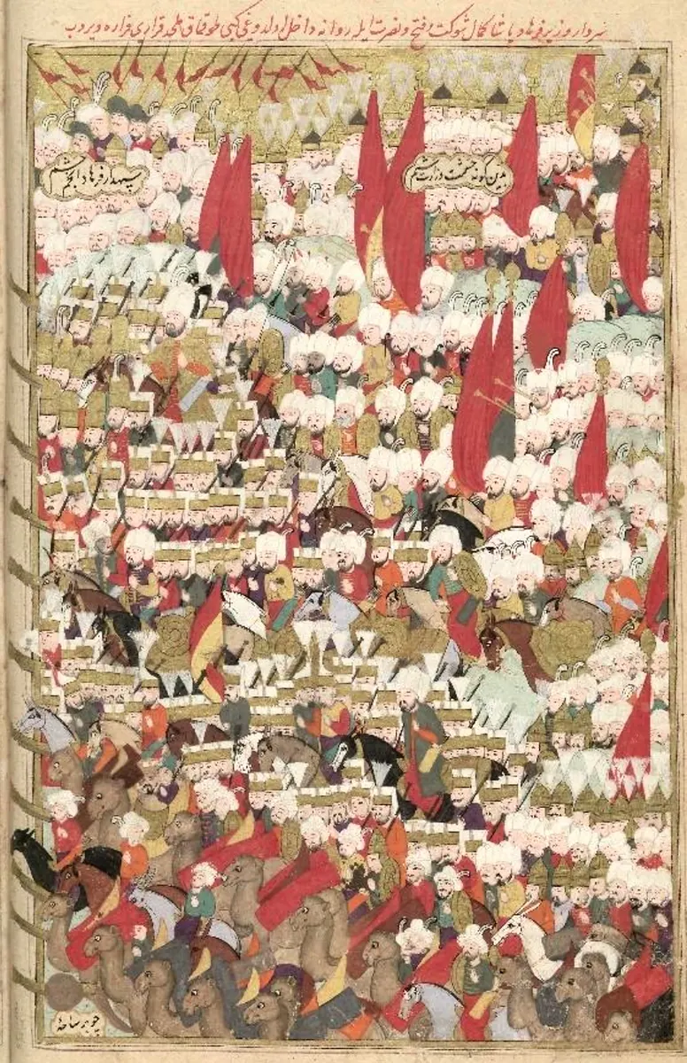 Serdar Ferhat Paşa’nın Revan’ı (Erivan) fethi ve Tokmak (Tokhmaq Han Ustajlu) kâfirinin Gökçe Göl’e (Sevan Gölü, Ermenistan) kaçışı ve helâki — Şehinşahnâme II minyatürü (Wikimedia Commons)
