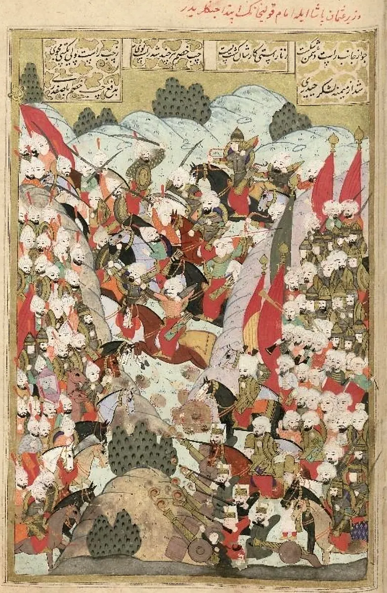 Vezir Özdemiroğlu Osman Paşa ile İmam Kuli Han arasında savaşın başlaması — Şehinşahnâme II minyatürü (Wikimedia Commons)