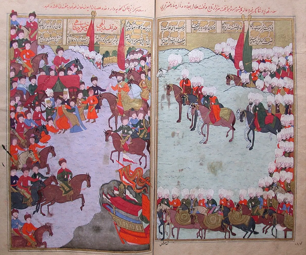 II. Mehmed Giray’ın İslam Giray Han’ı destekleyen Kırım Tatarları tarafından esir edilmesi — Şehinşahnâme II minyatürü (Wikimedia Commons)