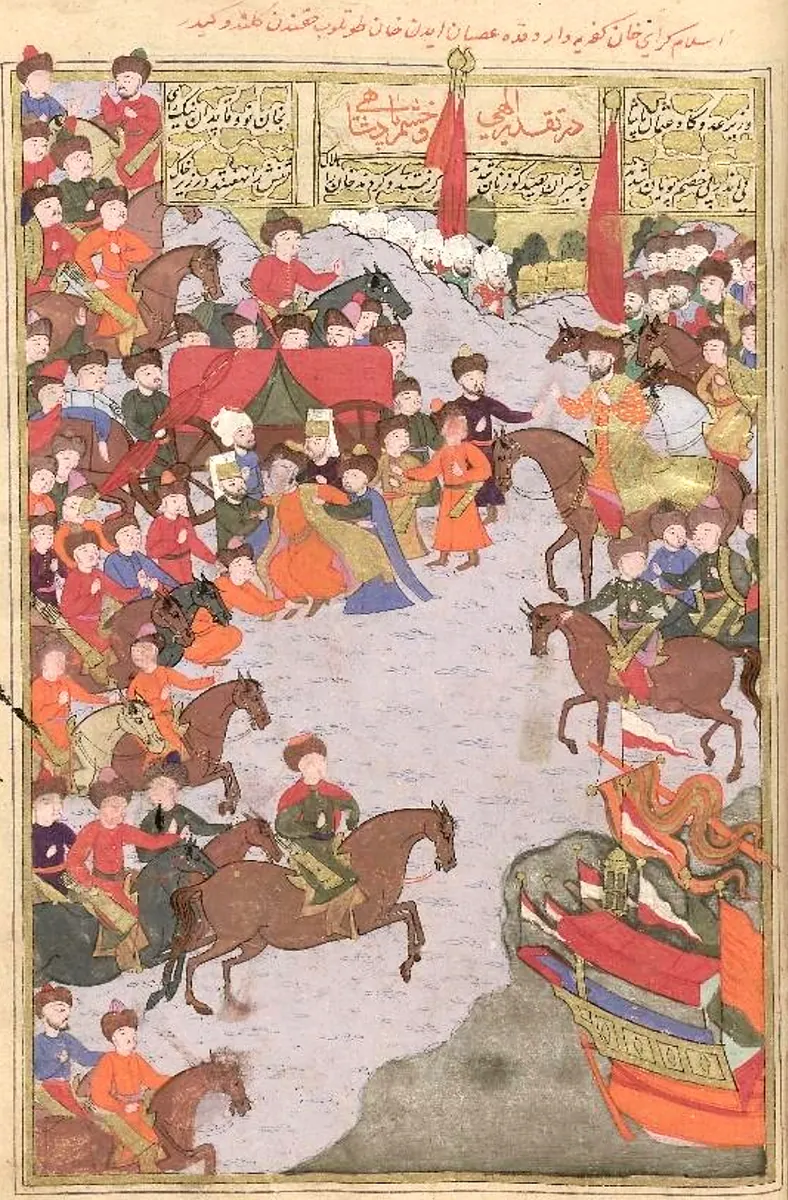 II. Mehmed Giray’ın İslam Giray Han’ı destekleyen Kırım Tatarları tarafından esir edilmesi — Şehinşahnâme II minyatürü (Wikimedia Commons)