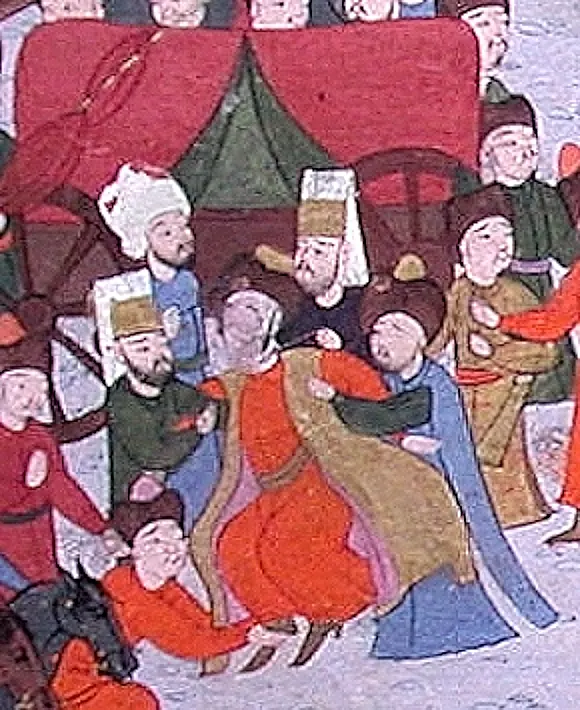 II. Mehmed Giray’ın İslam Giray Han’ı destekleyen Kırım Tatarları tarafından yakalanıp tutuklanması ve Osmanlı yeniçerileri — Şehinşahnâme II minyatürü (Wikimedia Commons)