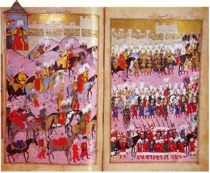 III. Murad İstanbul surlarında — Şehinşahnâme II minyatürü (Wikimedia Commons)