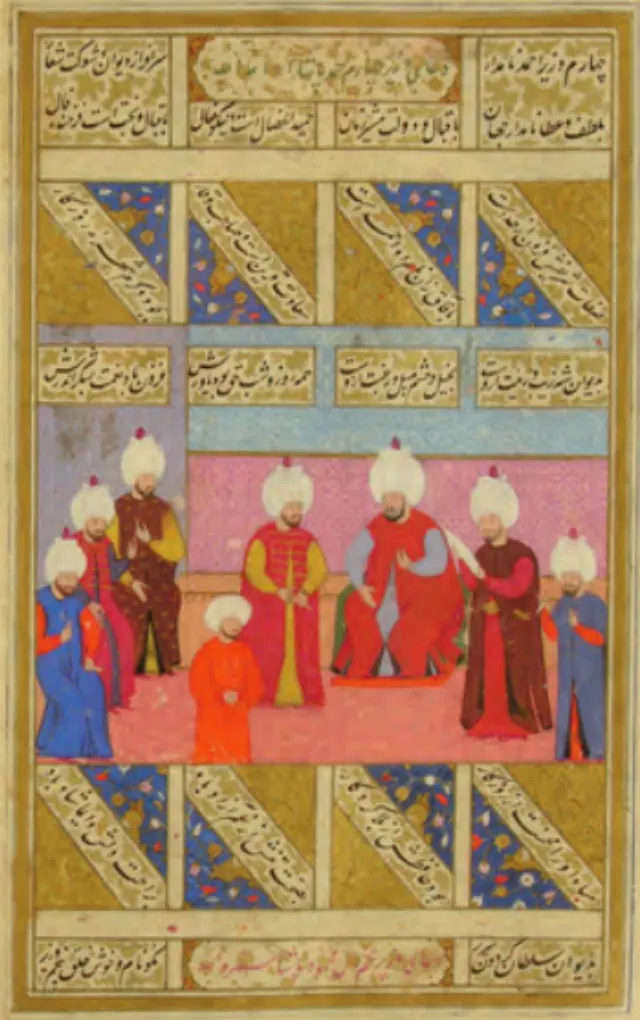 Dördüncü vezir Ahmed Paşa’nın huzura kabulü — Şehnâme-i Selîm Hân minyatürü (Wikimedia Commons)