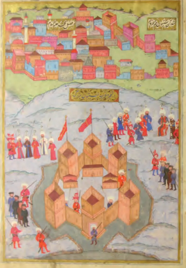 Bastion kalesinin fethi — Şehnâme-i Selîm Hân minyatürü (Wikimedia Commons)