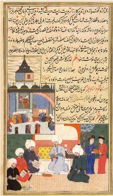 II. Selim’in Divan-ı Hümayun’u izlemesi; altta yazmanın müellifi, nakkaşları ve kâtipleri