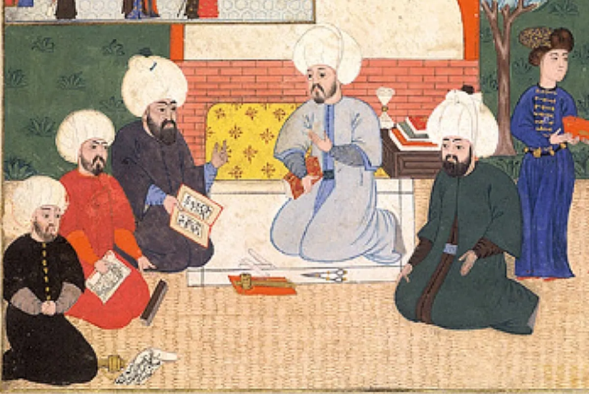 Yazmanın müellifi, nakkaşları ve kâtipleri — Şehnâme-i Selîm Hân minyatürü (Wikimedia Commons)
