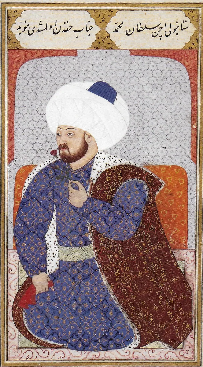 II. Mehmed’in portresi — Kıyâfetü'l-insâniyye fî şemâili'l-Osmâniyye (Şemâilnâme) minyatürü (Wikimedia Commons)