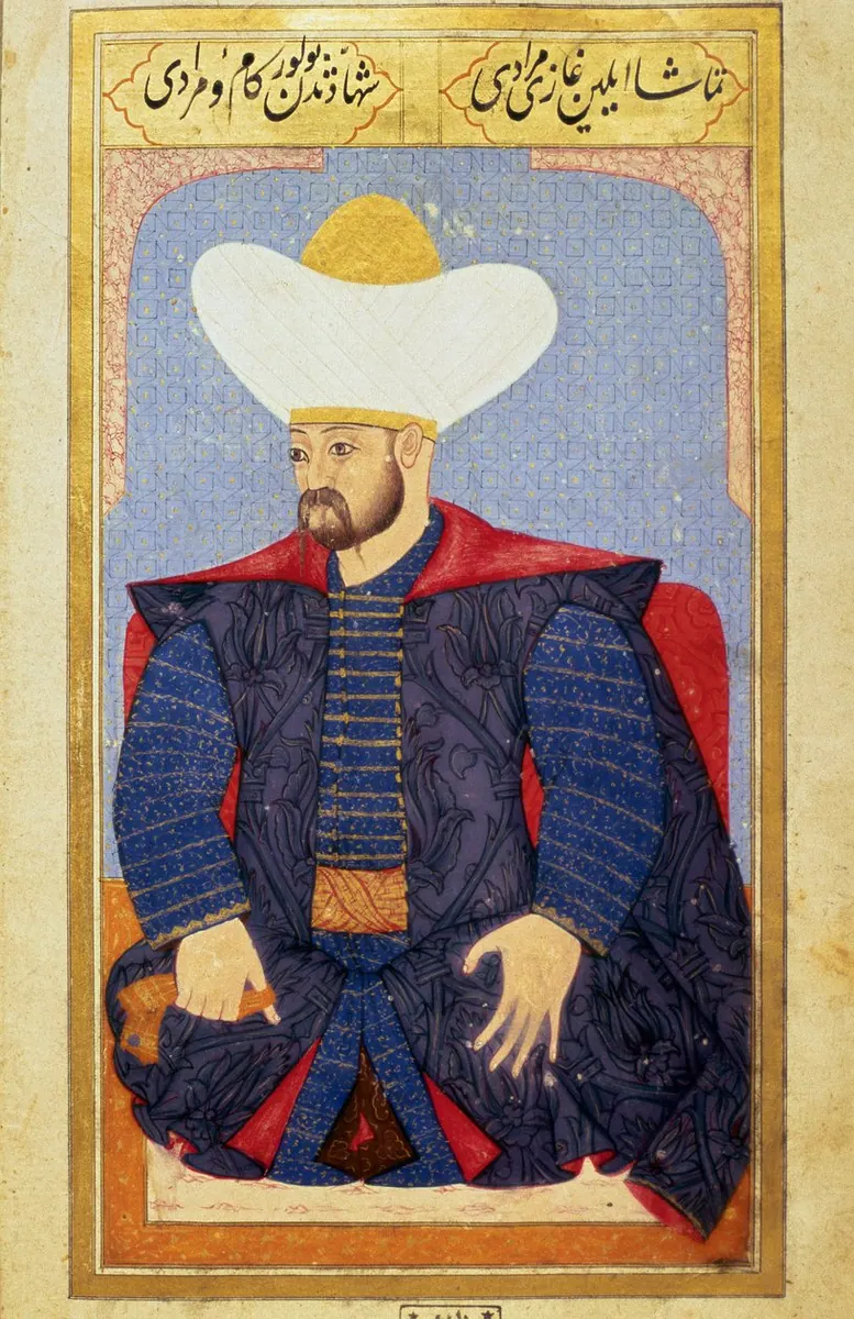 I. Murad (1326–1389) — Kıyâfetü'l-insâniyye fî şemâili'l-Osmâniyye (Şemâilnâme) minyatürü (Wikimedia Commons)