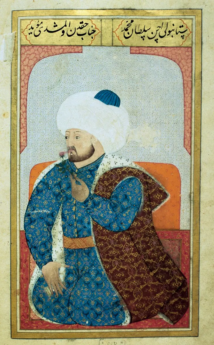 Fatih Sultan Mehmed (1430–1481) — Kıyâfetü'l-insâniyye fî şemâili'l-Osmâniyye (Şemâilnâme) minyatürü (Wikimedia Commons)