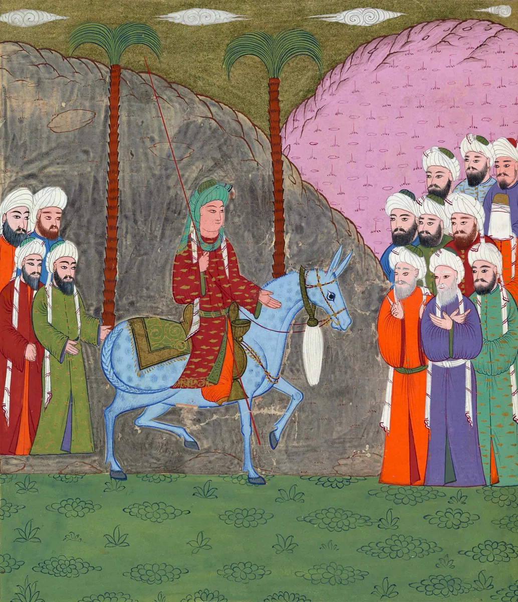 Hz. Ali’nin mavi katırı üstünde Kureyşlilerle karşılaşması (yakın görünüm) — Mustafa Darîr, Siyer-i Nebî (Murad III nüshası, 1594-95), III. cilt minyatürü (New York Public Library)
