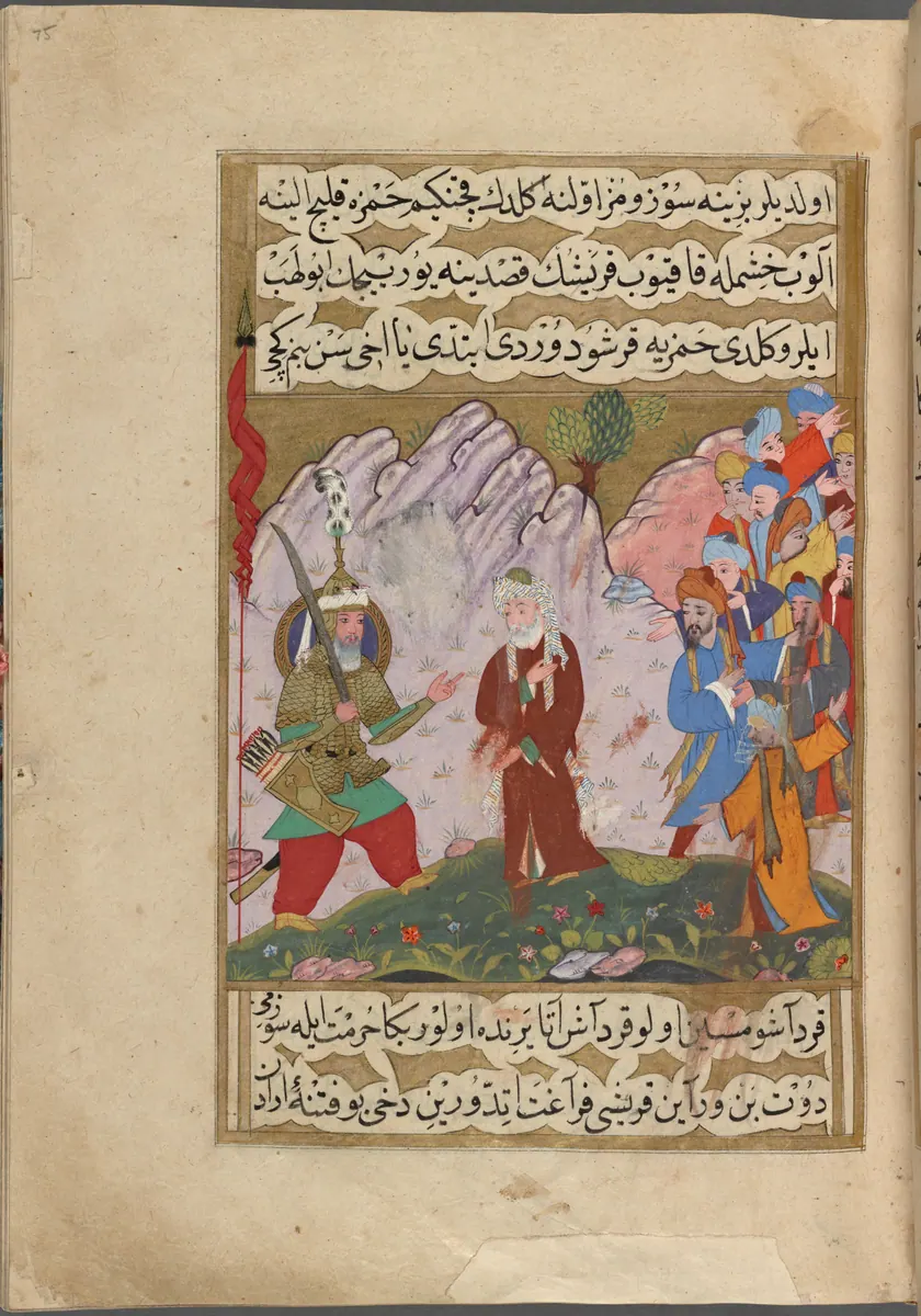 Hamza’nın kılıcıyla Ebû Cehil’in karşısına çıkması — Mustafa Darîr, Siyer-i Nebî (Murad III nüshası, 1594-95), III. cilt minyatürü (New York Public Library)