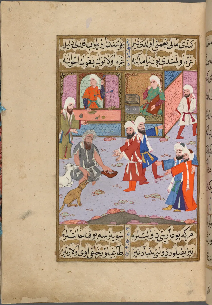 Malını kaybedip dilenci düşen zengin — Mustafa Darîr, Siyer-i Nebî (Murad III nüshası, 1594-95), III. cilt minyatürü (New York Public Library)