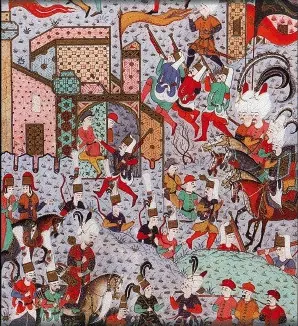 Rodos kuşatması: esirlerin toplanması (1521) — Ârifî, Süleymannâme (1558) minyatürü (Topkapı Sarayı Müzesi Kütüphanesi (Wikimedia))