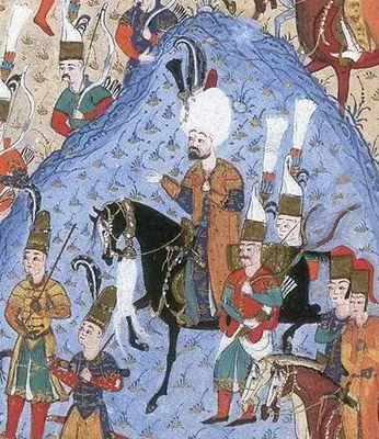 Rodos kuşatmasında Sultan Süleyman (1522) — Ârifî, Süleymannâme (1558) minyatürü (Topkapı Sarayı Müzesi Kütüphanesi (Wikimedia))