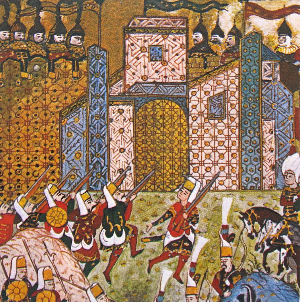Rodos kuşatmasında Sultan Süleyman — ayrıntı — Ârifî, Süleymannâme (1558) minyatürü (Topkapı Sarayı Müzesi Kütüphanesi (Wikimedia))