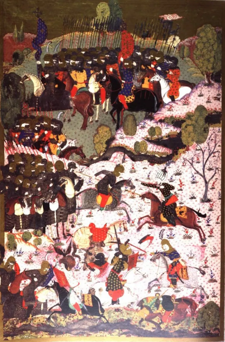 Mohaç'ta tekli çarpışma (1526) — Ârifî, Süleymannâme (1558) minyatürü (Topkapı Sarayı Müzesi Kütüphanesi (Wikimedia))