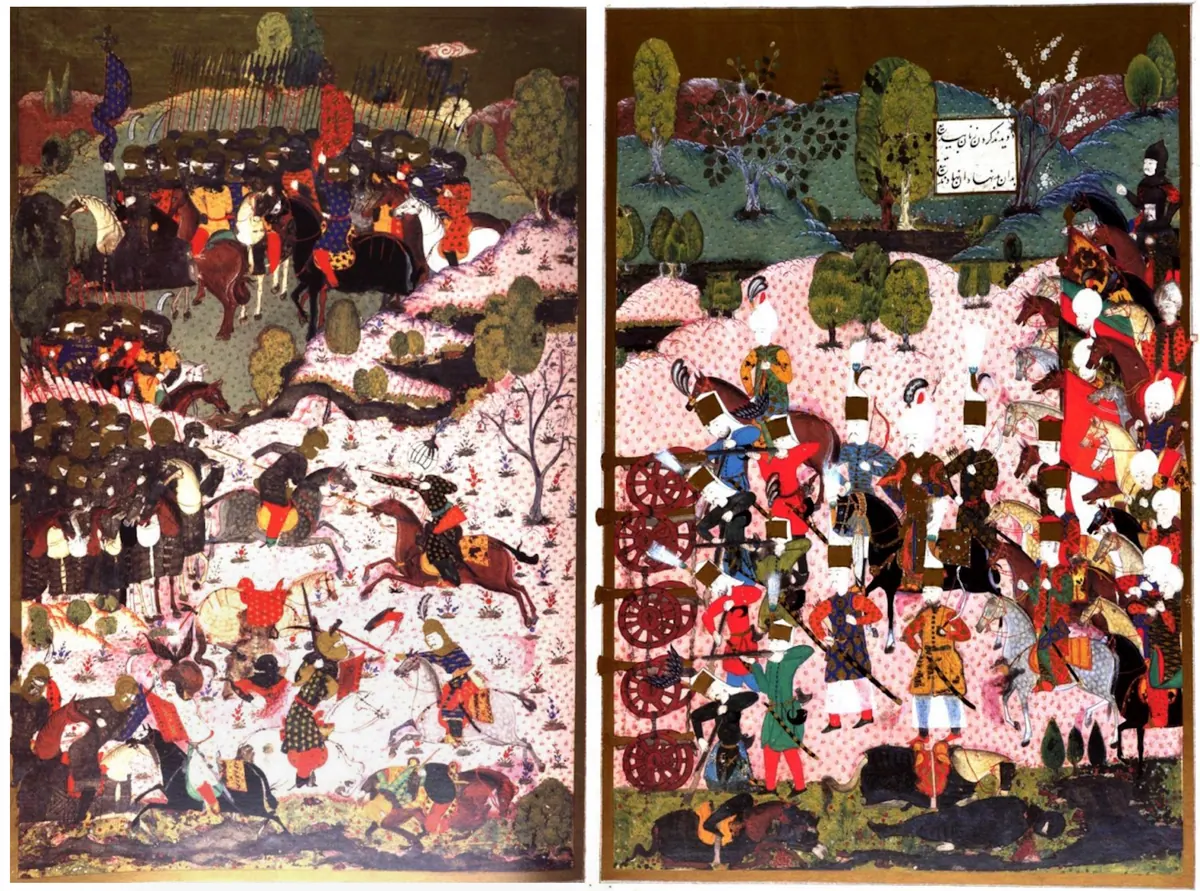 Mohaç'ta Sultan Süleyman — Ârifî, Süleymannâme (1558) minyatürü (Topkapı Sarayı Müzesi Kütüphanesi (Wikimedia))
