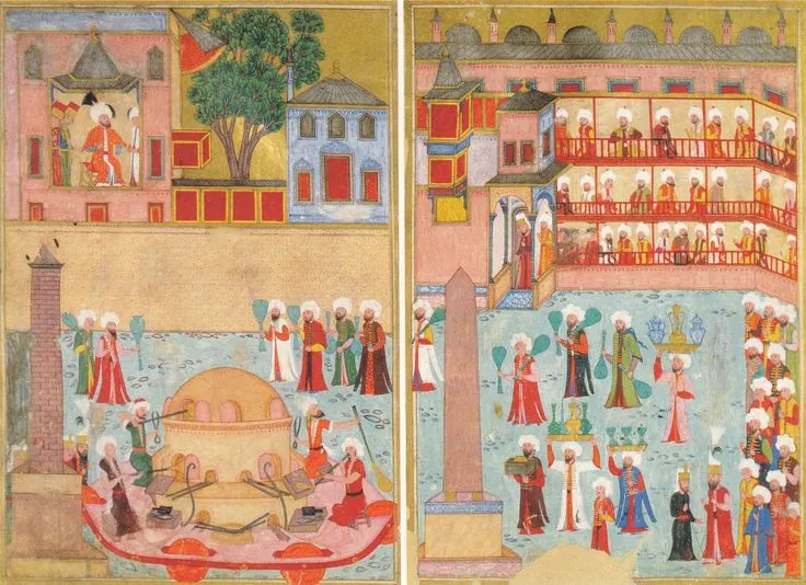 Camcılar (Câmgerân) esnaf alayı, 1582 şenliği; tekerlekli seyyar cam fırını — Sûrnâme-i Hümâyûn minyatürü (Topkapı Sarayı Müzesi Kütüphanesi (tarama: Wikimedia Commons))