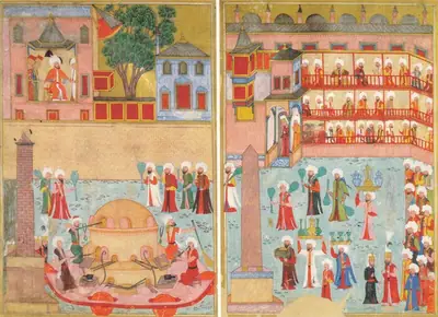 Camcılar (Câmgerân) esnaf alayı, 1582 şenliği; tekerlekli seyyar cam fırını