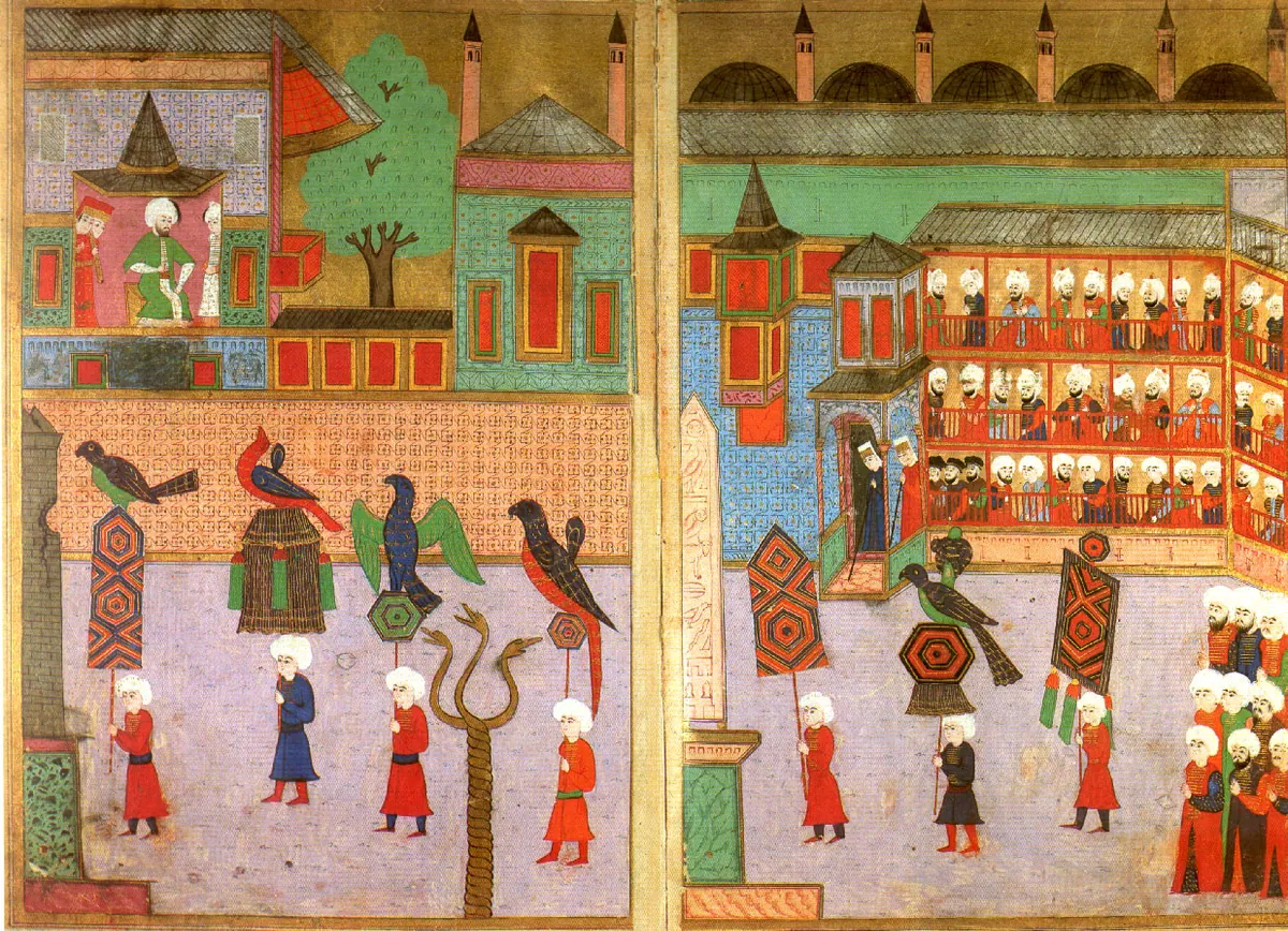 Surname 338b-339a (1238×895) — Sûrnâme-i Hümâyûn minyatürü (Topkapı Sarayı Müzesi Kütüphanesi (tarama: Wikimedia Commons))