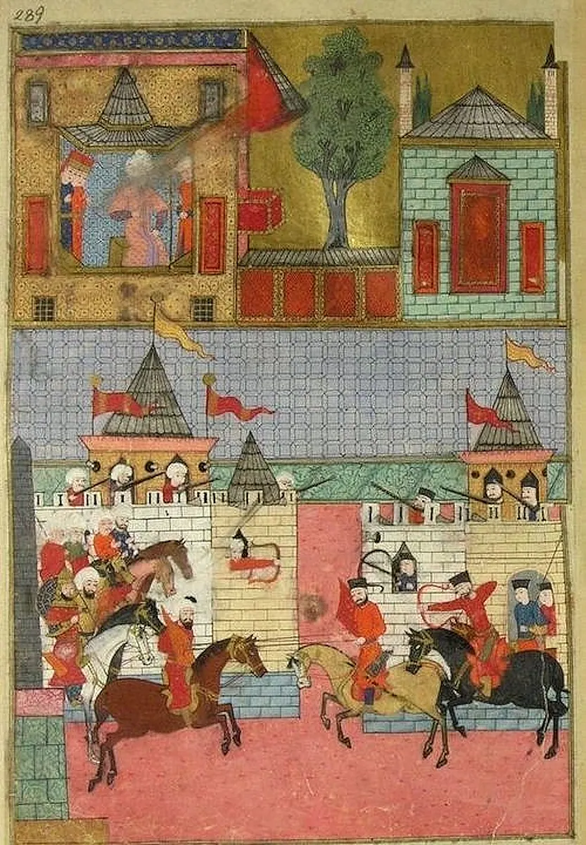 Mock battle from the 1582 festivities from the Surname‑i Hümayun (1000×1440) — Sûrnâme-i Hümâyûn minyatürü (Topkapı Sarayı Müzesi Kütüphanesi (tarama: Wikimedia Commons))