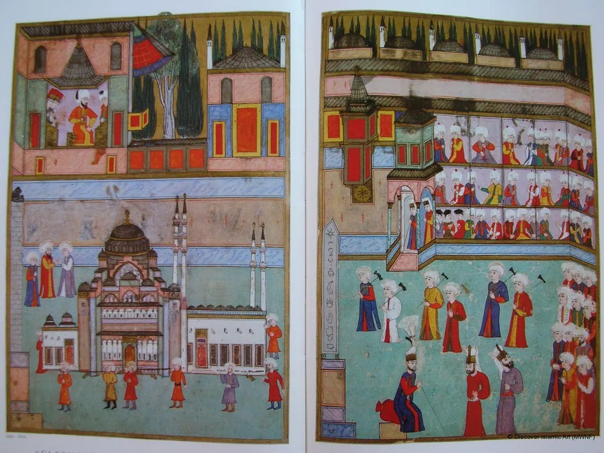 Surname-i Hümayun 1- Architects parade (1280×960) — Sûrnâme-i Hümâyûn minyatürü (Topkapı Sarayı Müzesi Kütüphanesi (tarama: Wikimedia Commons))