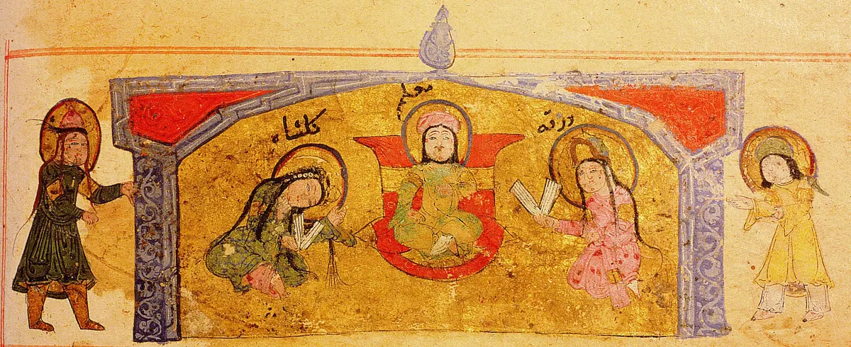 Genç Varka ile Gülşah’ın hocalarının önünde oturması — Ayyûkî, Varka ve Gülşah minyatürü (Topkapı Sarayı Müzesi Kütüphanesi)