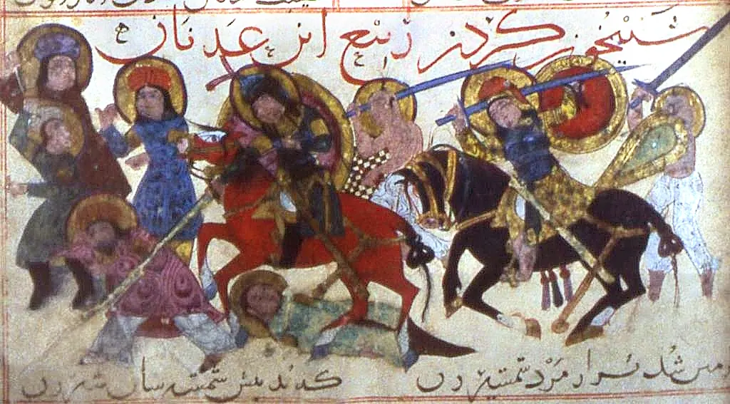 Cevşen zırhlı ve tunik altında zincir zırhlı Rabî; uzun tek ağızlı kılıç ve büyük yuvarlak kalkanla, uçlu kalkanlı piyadelerin desteğinde — Ayyûkî, Varka ve Gülşah minyatürü (Topkapı Sarayı Müzesi Kütüphanesi)