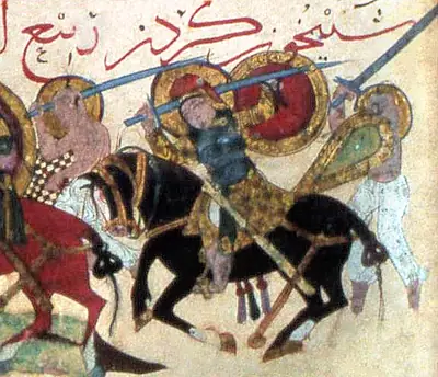 Cevşen zırhlı ve tunik altında zincir zırhlı Rabî; uzun tek ağızlı kılıç ve büyük yuvarlak kalkanla, uçlu kalkanlı piyadelerin desteğinde