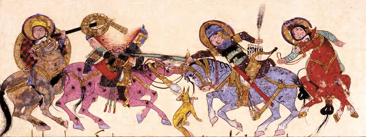 Varka ve Gülşah, savaş sahnesi 1 — Ayyûkî, Varka ve Gülşah minyatürü (Topkapı Sarayı Müzesi Kütüphanesi)