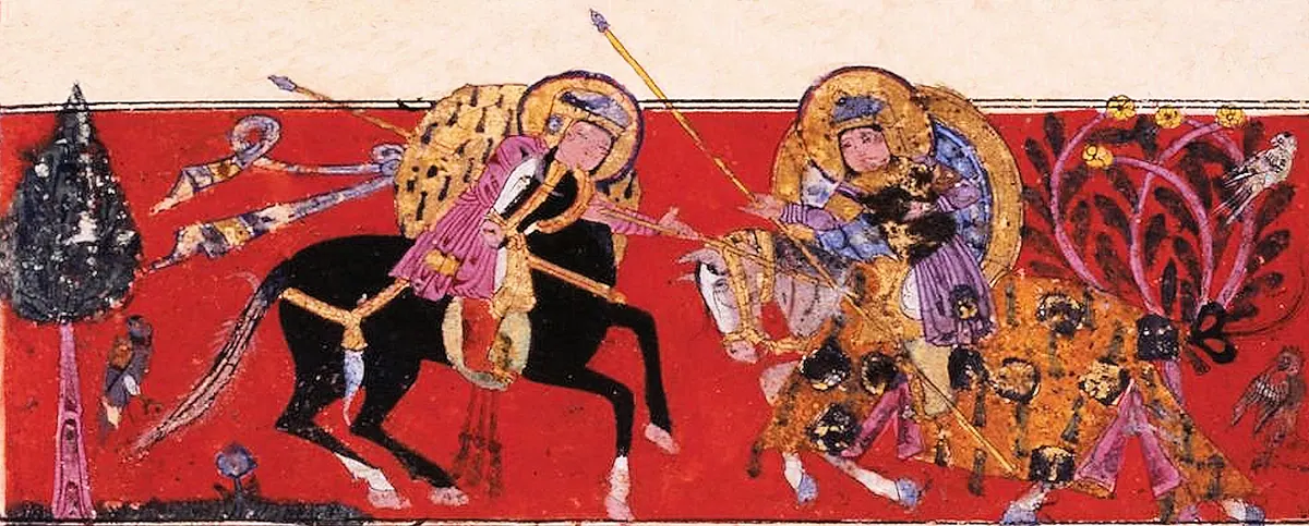 Varka ve Gülşah, savaş sahnesi 3 — Ayyûkî, Varka ve Gülşah minyatürü (Topkapı Sarayı Müzesi Kütüphanesi)
