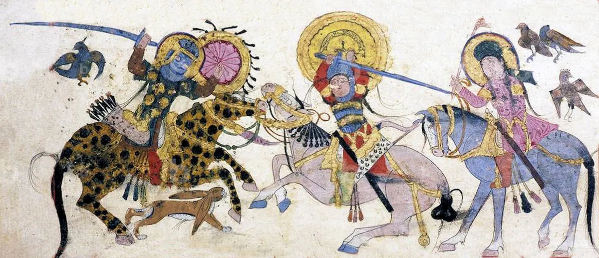 Varka ve Gülşah, savaş sahnesi 4 — Ayyûkî, Varka ve Gülşah minyatürü (Topkapı Sarayı Müzesi Kütüphanesi)