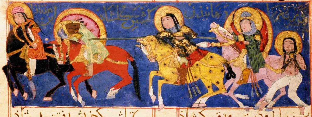 Gülşah’ın mızrağıyla Rabî ibn Adnan’ı öldürmesi; arkasında yenilmiş, yaralı ve bağlı Varka — Ayyûkî, Varka ve Gülşah minyatürü (Topkapı Sarayı Müzesi Kütüphanesi)