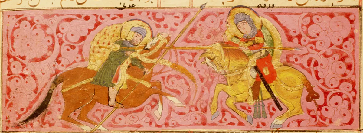 Varka’nın bir Aden savaşçısını devirmesi — Ayyûkî, Varka ve Gülşah minyatürü (Topkapı Sarayı Müzesi Kütüphanesi)
