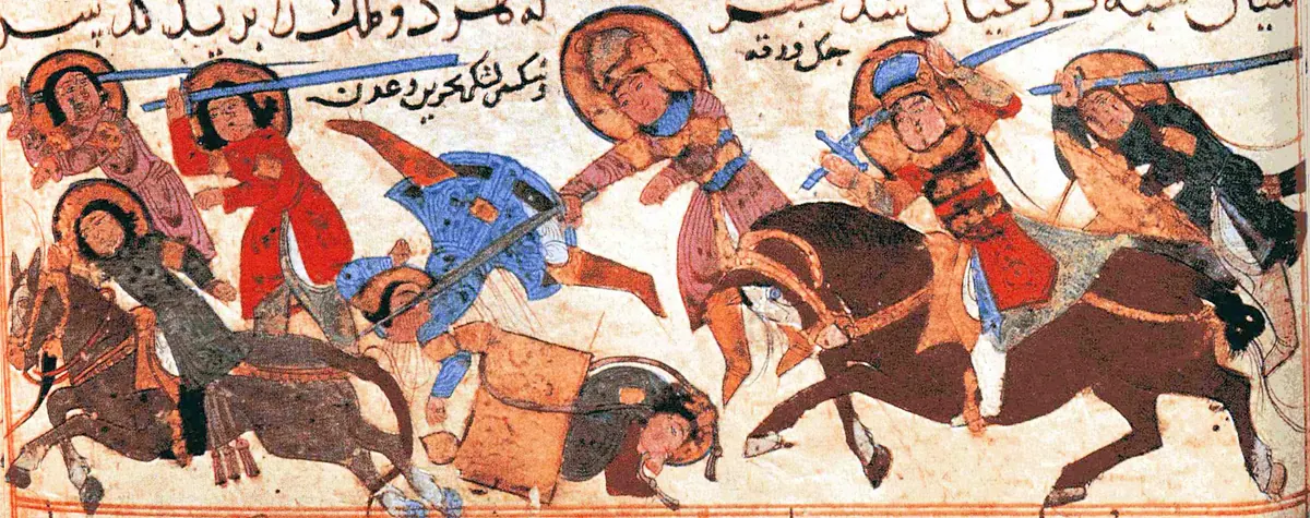 Yemen ordusunun Aden ve Bahreyn birliklerini yenmesi — Ayyûkî, Varka ve Gülşah minyatürü (Topkapı Sarayı Müzesi Kütüphanesi)
