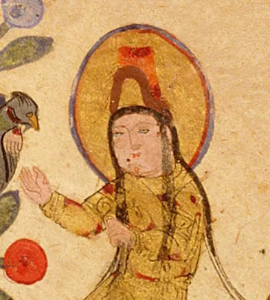 Şam (Büyük Suriye) hükümdarının şarbuş başlığı — Ayyûkî, Varka ve Gülşah minyatürü (Topkapı Sarayı Müzesi Kütüphanesi)
