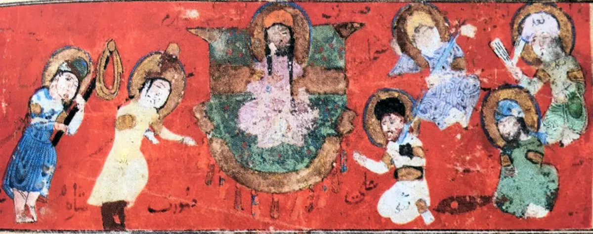 Peygamber’in mezarı ziyareti; tahtta oturur, sağında dostları ve müstakbel halifeler Ebû Bekir ile Osman, solunda ayakta Şam hükümdarı — Ayyûkî, Varka ve Gülşah minyatürü (Topkapı Sarayı Müzesi Kütüphanesi)