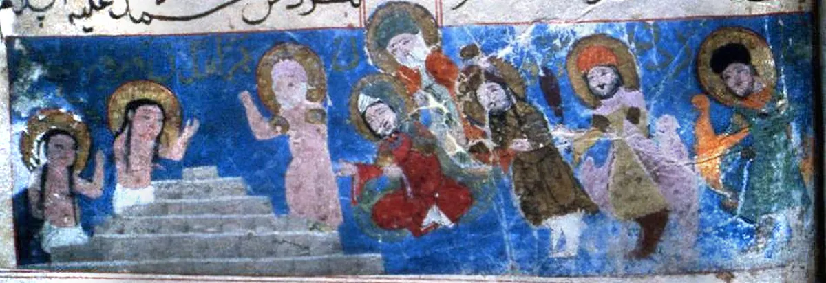 Peygamber’in Varka ile Gülşah’ı diriltmesi; arkasında dört dostu ve müstakbel halifeler ile Şam (Suriye) hükümdarı — Ayyûkî, Varka ve Gülşah minyatürü (Topkapı Sarayı Müzesi Kütüphanesi)