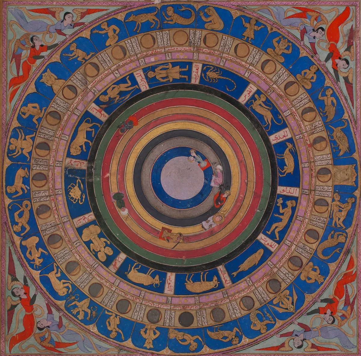 Gök haritası, burçlar ve ay menzilleri — Zübdetü't-Tevârih minyatürü (Wikimedia Commons)