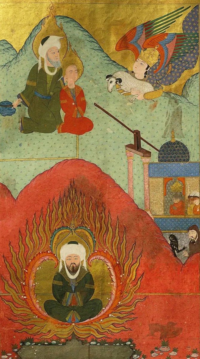 İbrahim’in oğlunu kurban etmesi ve ateşe atılması — Zübdetü't-Tevârih minyatürü (Wikimedia Commons)