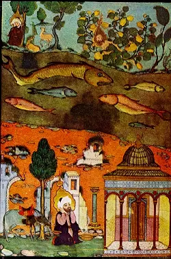 Yunus ve balık, çölde İrmiya, Kudüs’ün yıkılışından sonra uyanan Üzeyir — Zübdetü't-Tevârih minyatürü (Wikimedia Commons)