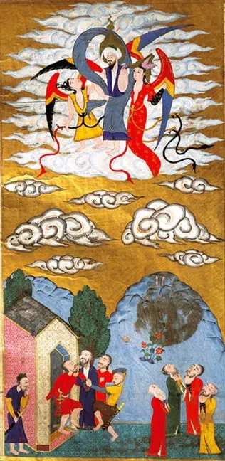 Muhammed gökte — Zübdetü't-Tevârih minyatürü (Wikimedia Commons)
