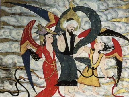 Muhammed gökte — Zübdetü't-Tevârih minyatürü (Wikimedia Commons)